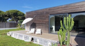 A modern house with a deck, two lounge chairs, and a large cactus.