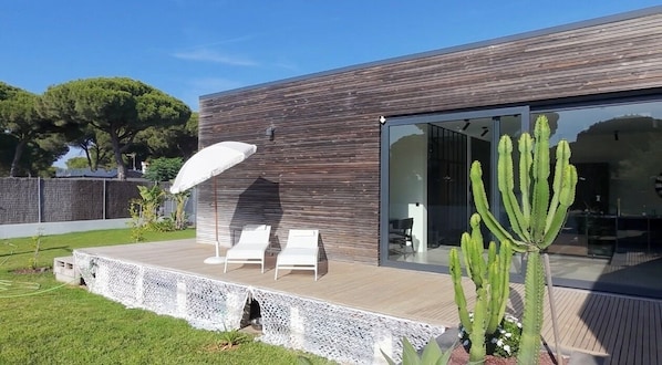 A modern house with a deck, two lounge chairs, and a large cactus.