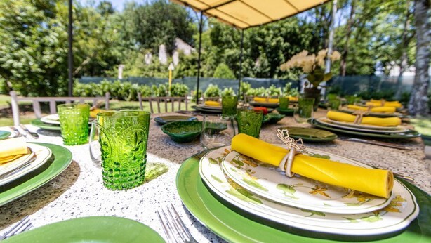 An outdoor dining area with green plates, glasses, and a yellow napkin. - Villa Harmonia - Luxury Rooms - Salvia Suite - AC - By Guestaly (Dormelletto)