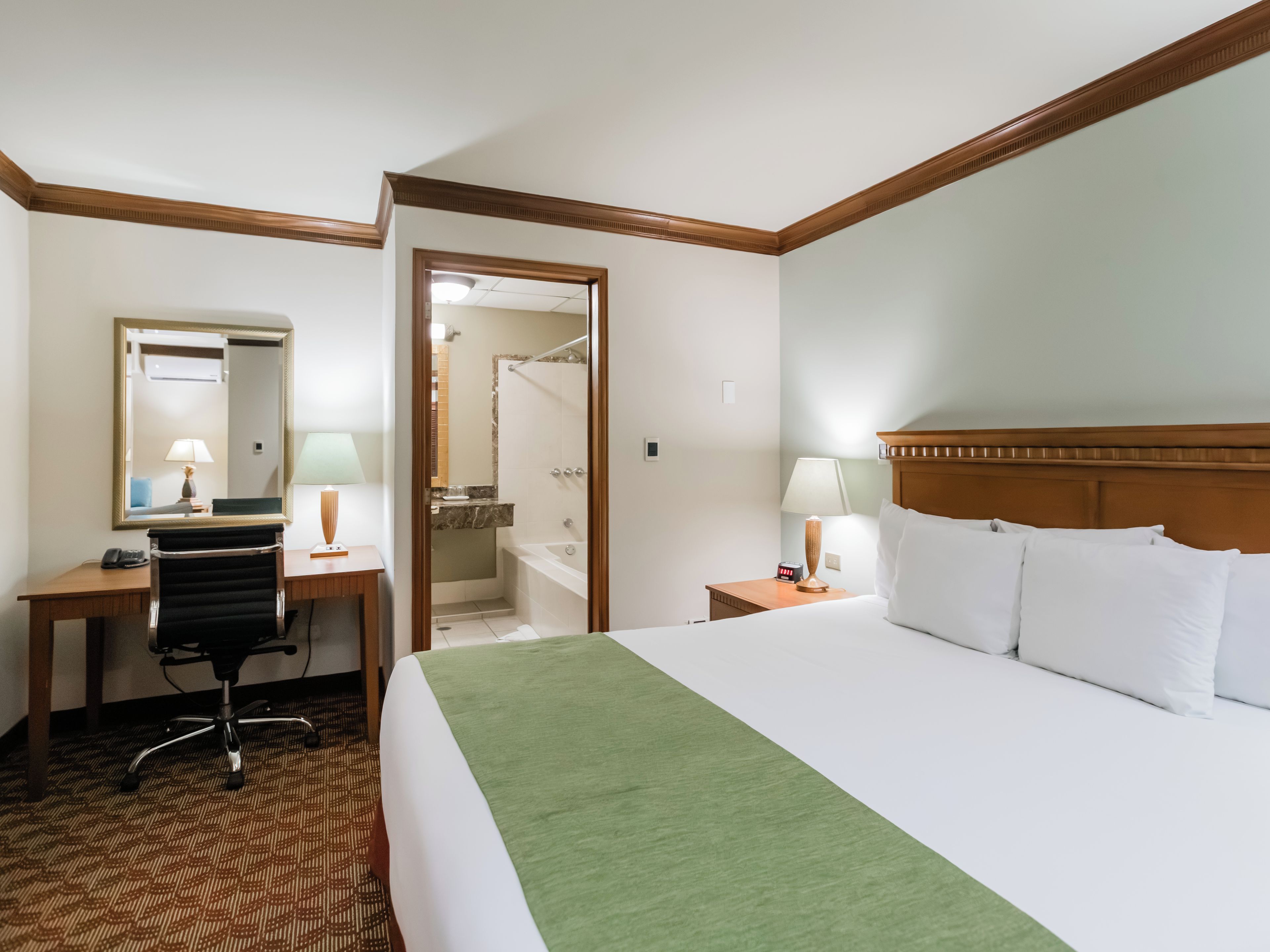 Una habitación de hotel con cama, escritorio, silla, espejo, baño con ducha y mesita de noche con lámpara.