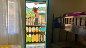 A room with a bunk bed, a curtain, and a view of a balcony with a potted plant. - Room-casa Del Pueblo, Room Esplendor (Jardin)