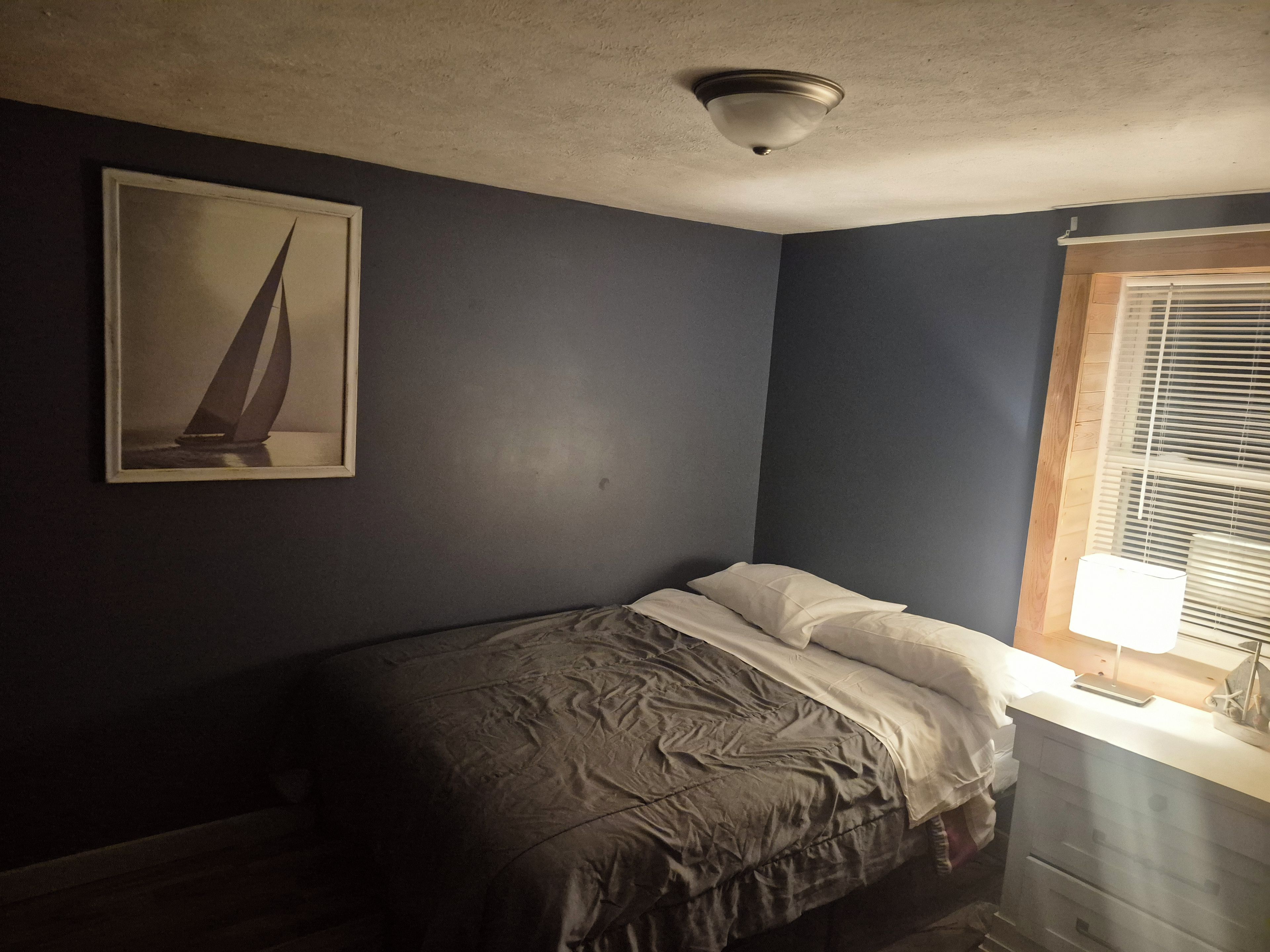Un dormitorio pequeño con una cama individual, una lámpara de techo, una ventana con persianas y un cuadro en la pared.