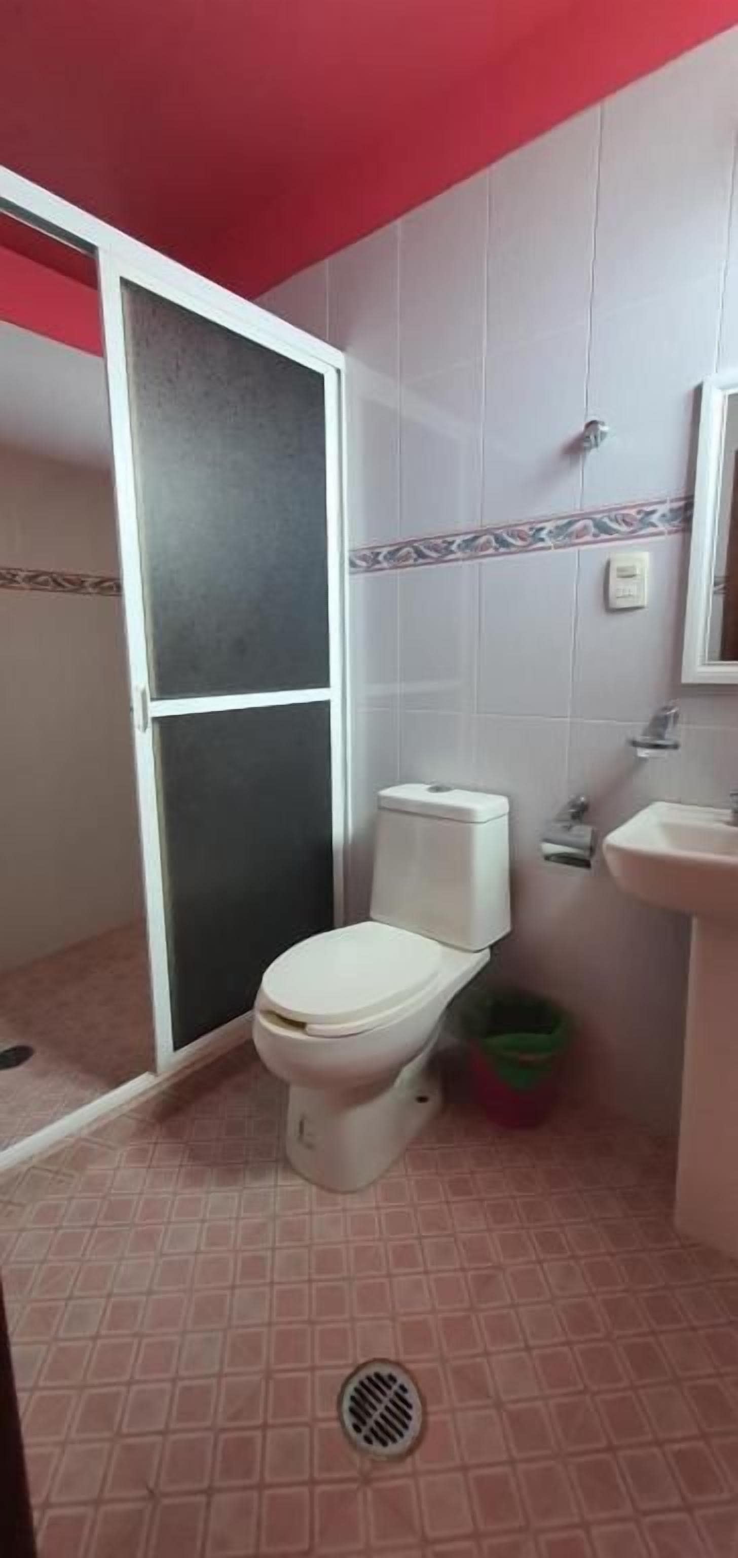 Un baño con inodoro, lavamanos y zona de ducha.