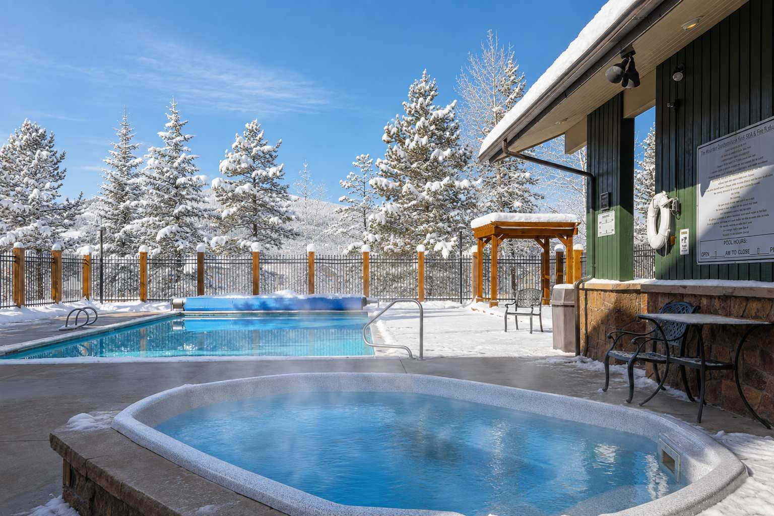 Een zwembad met een jacuzzi, omgeven door met sneeuw bedekte bomen en een houten tuinhuis.