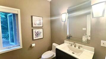 A bathroom with a toilet, sink, and mirror. There are two framed pictures on the wall.