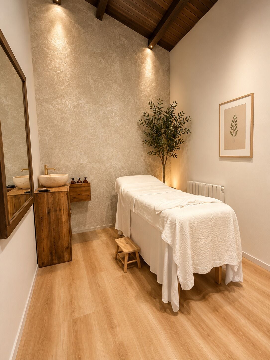 Un cuarto de spa con suelo de madera, una camilla de masaje, un banco de madera, un lavabo y un espejo.