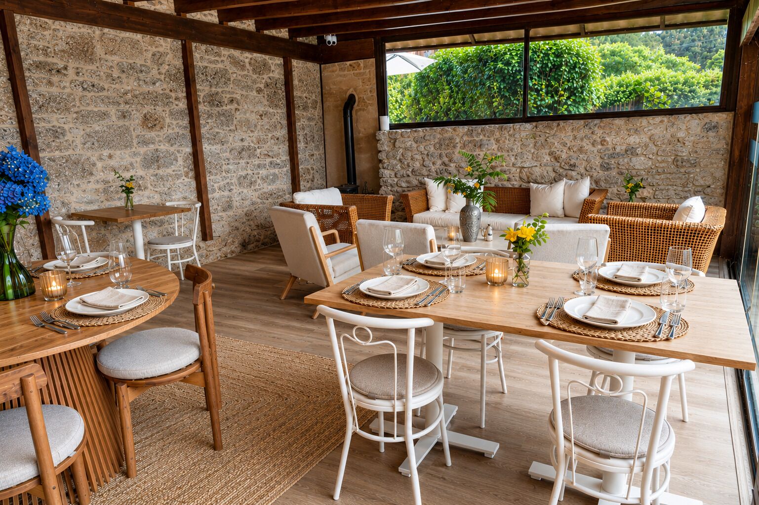 Comedor con pared de piedra, mobiliario de mimbre y vista a la vegetación a través de un ventanal amplio.