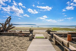 A wooden pathway leading to a beach with driftwood and planters.