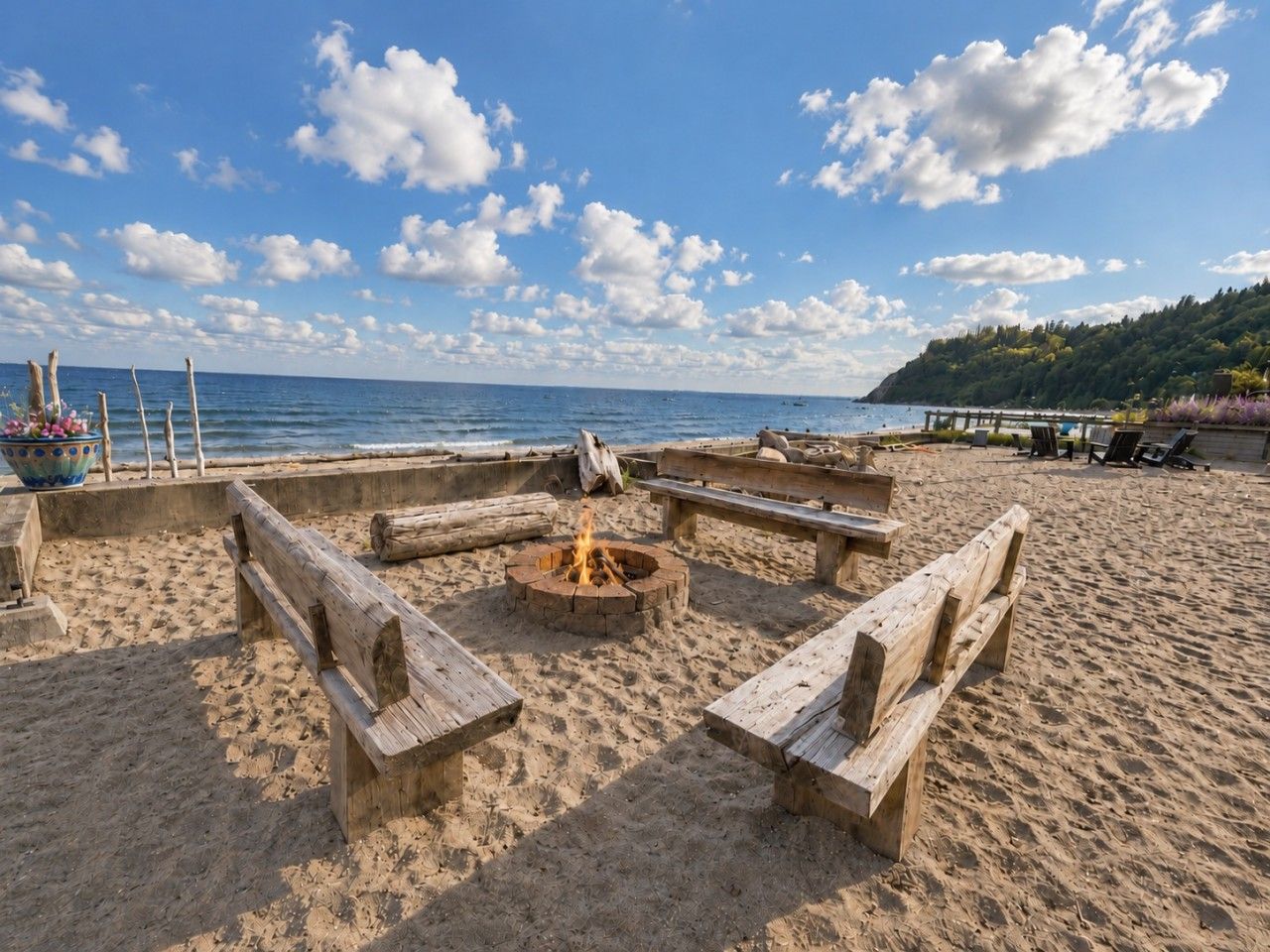 Ein Strand mit einem Feuerkorb, umgeben von Holzbanken, einer Holzkonstruktion und Blick auf das Meer.