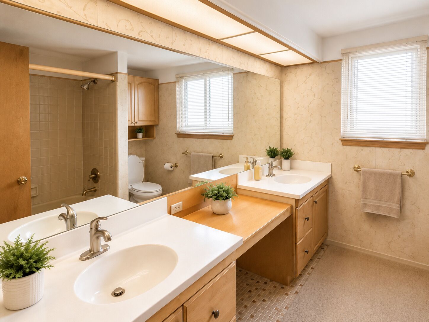 Ein Badezimmer mit zwei Waschbecken, einer Toilette, einer Dusche und einem großen Spiegel.