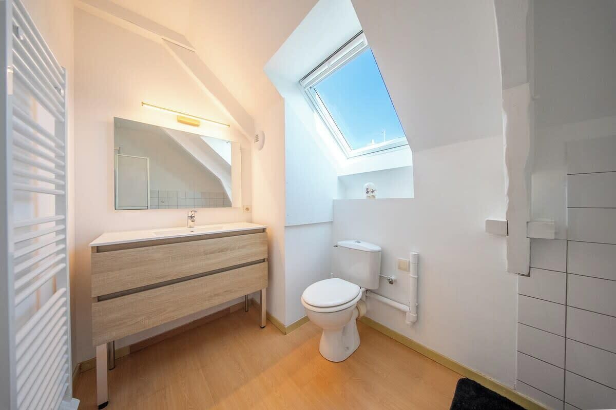 Une salle de bain moderne avec un puits de lumière, des toilettes blanches et un meuble-lavabo en bois.