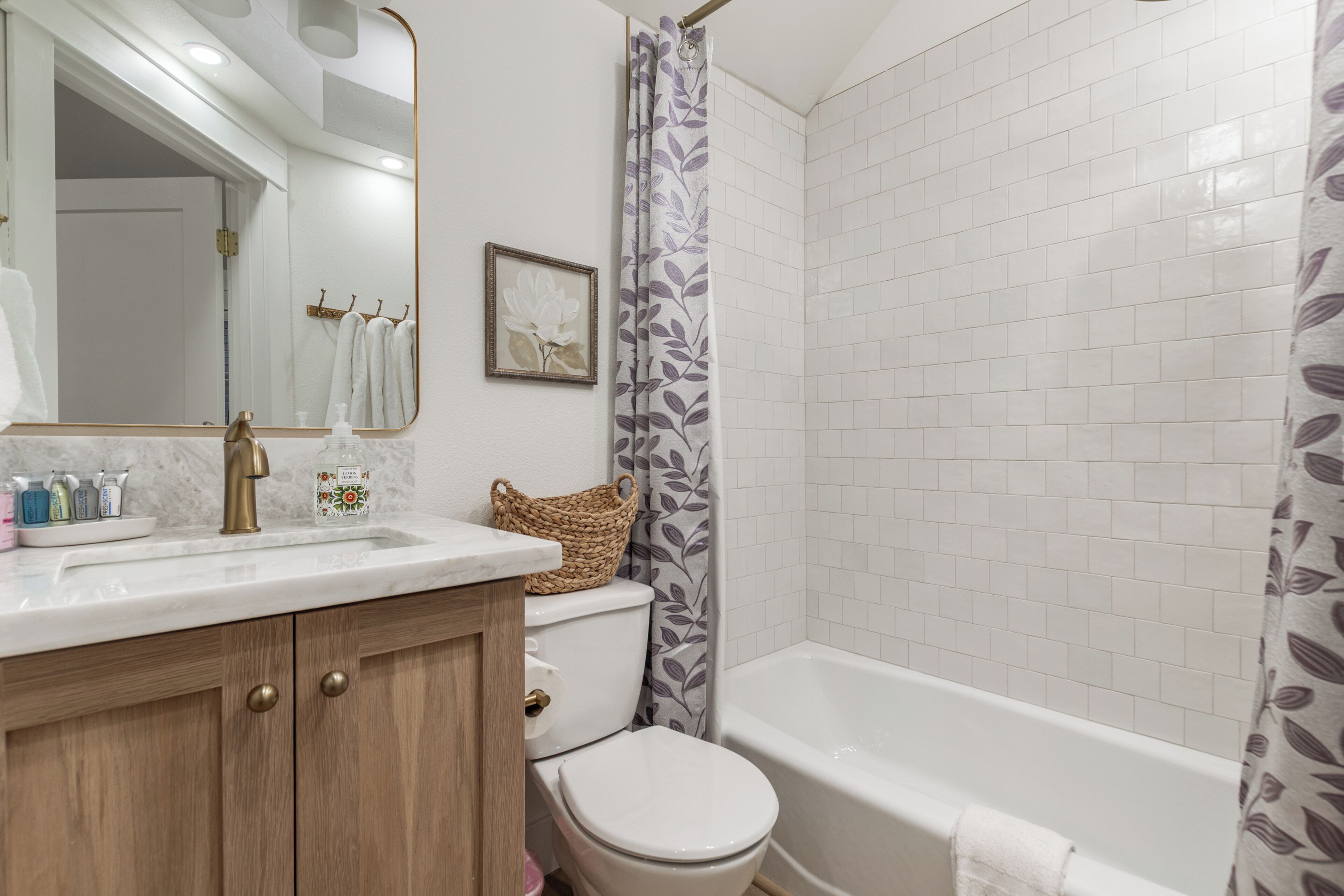 Hair dryer, towels, soap, toilet paper