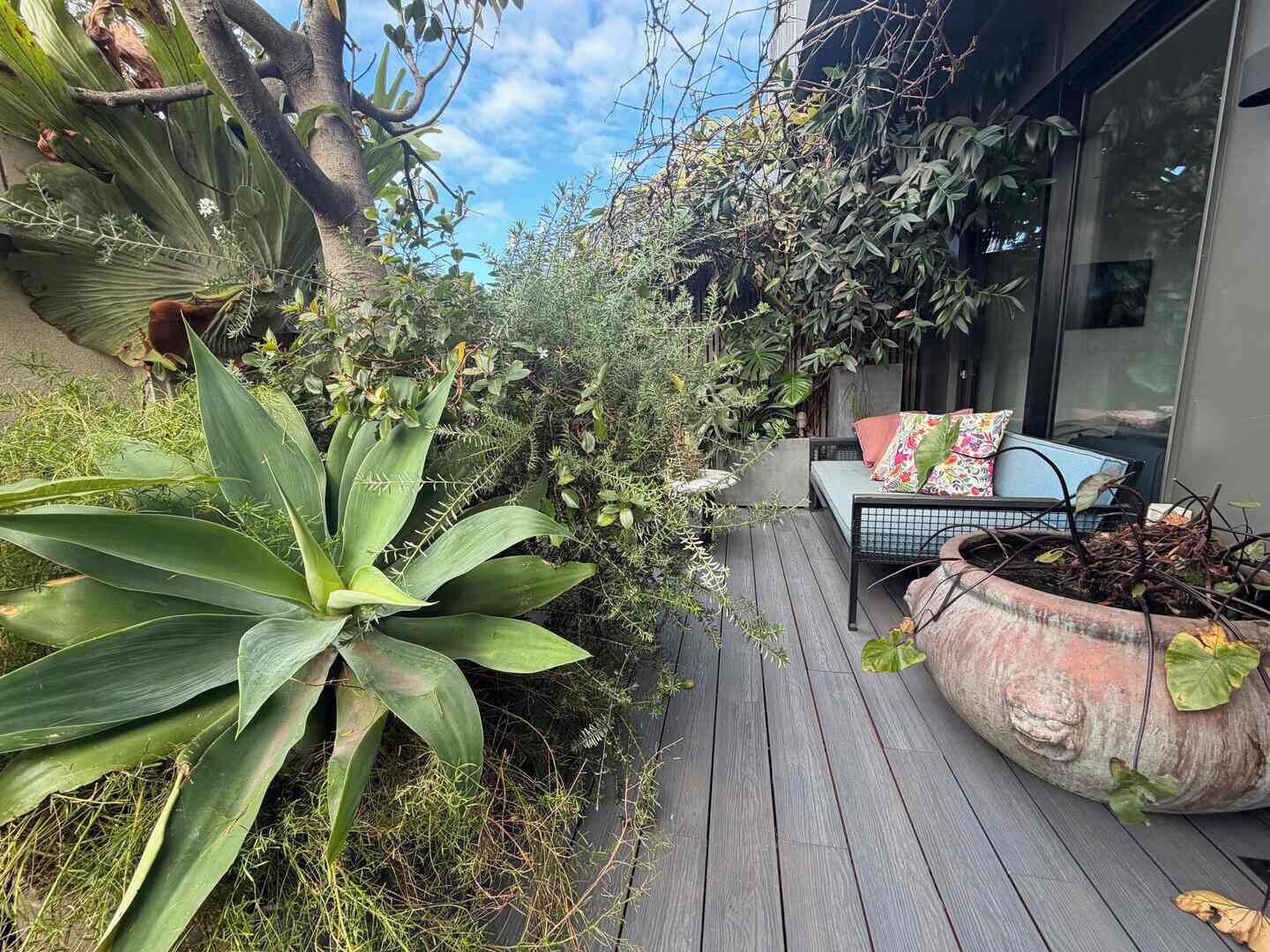A wooden deck with a seating area, surrounded by lush greenery and a large plant.