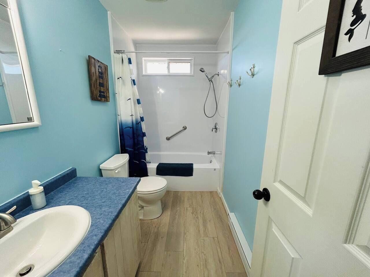 Hair dryer, towels, soap, shampoo