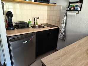 A compact kitchen with a sink, a dishwasher, and a countertop with a kettle and a coffee maker. - Studio cosy avec coin cabine – Le Sauze (Enchastrayes)