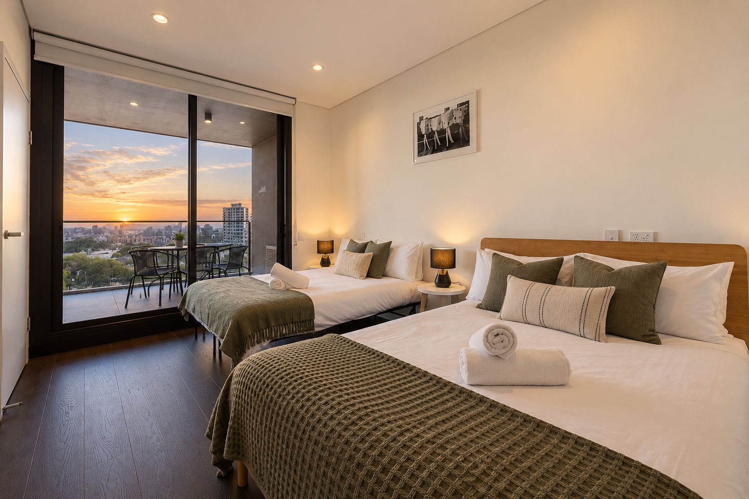 Une chambre d’hôtel avec deux lits, un balcon donnant sur la ville et une petite table avec des chaises.