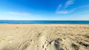 Una playa con cielo despejado, orilla arenosa y huellas.