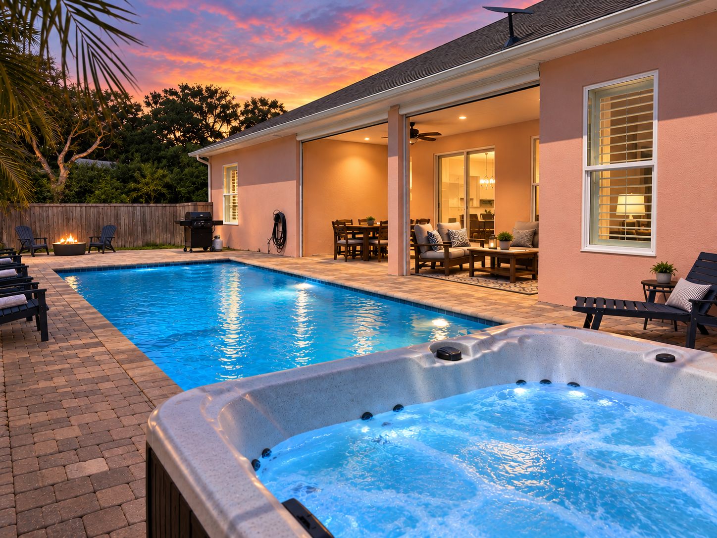Une piscine avec un jacuzzi, du mobilier d’extérieur et un patio couvert.