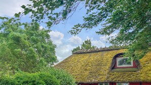 A traditional house with a thatched roof, surrounded by lush greenery. - Amazing home in Korsør with WiFi (Korsør)