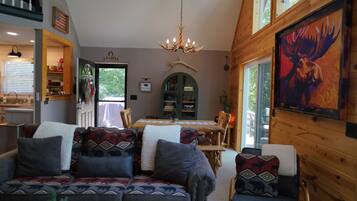 Smart TV, fireplace, books