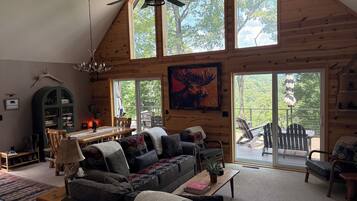 Smart TV, fireplace, books