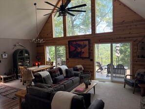 Smart TV, fireplace, books