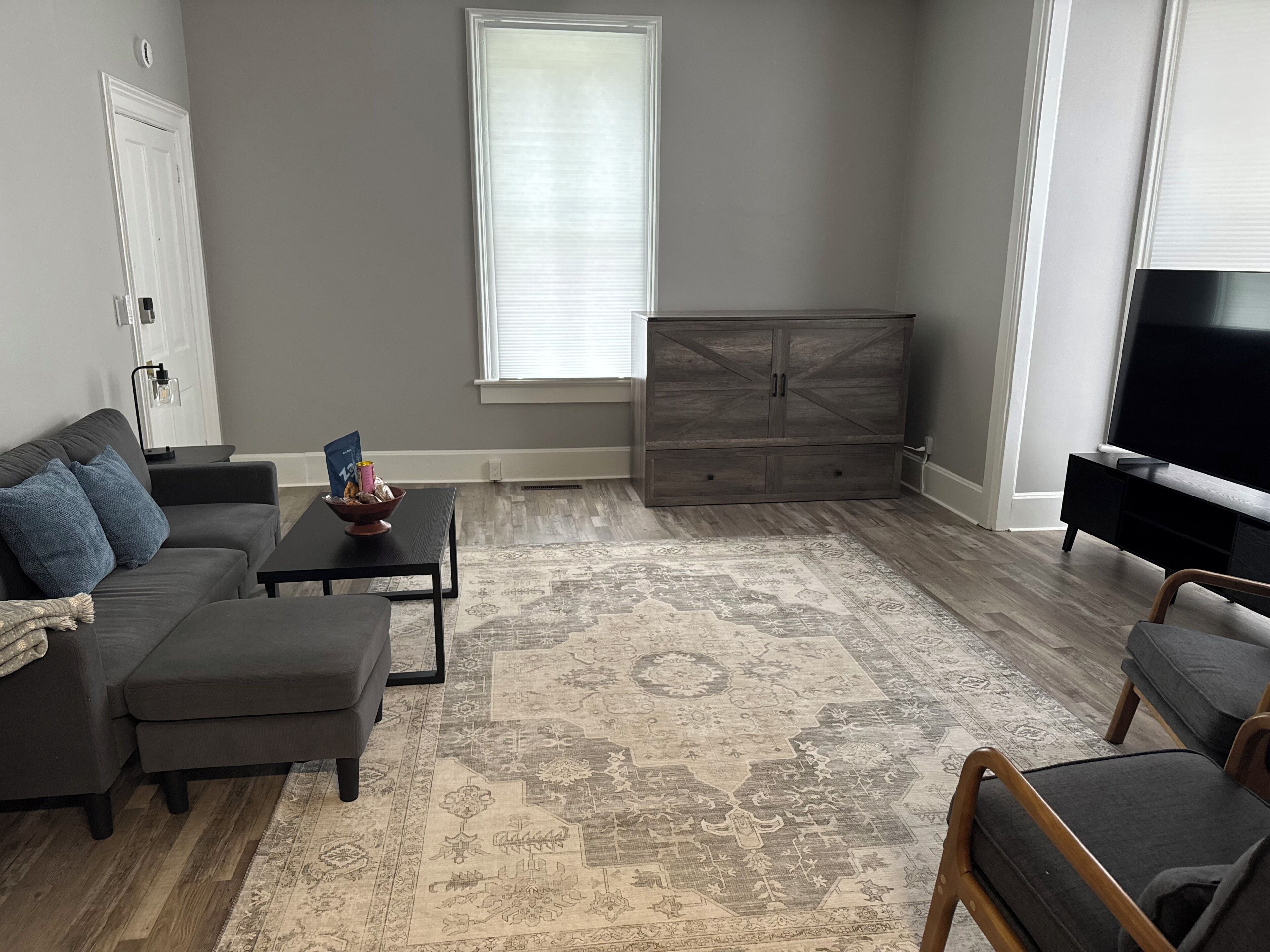 A living room with a gray sofa, a coffee table, a patterned rug, a cabinet, and a television.