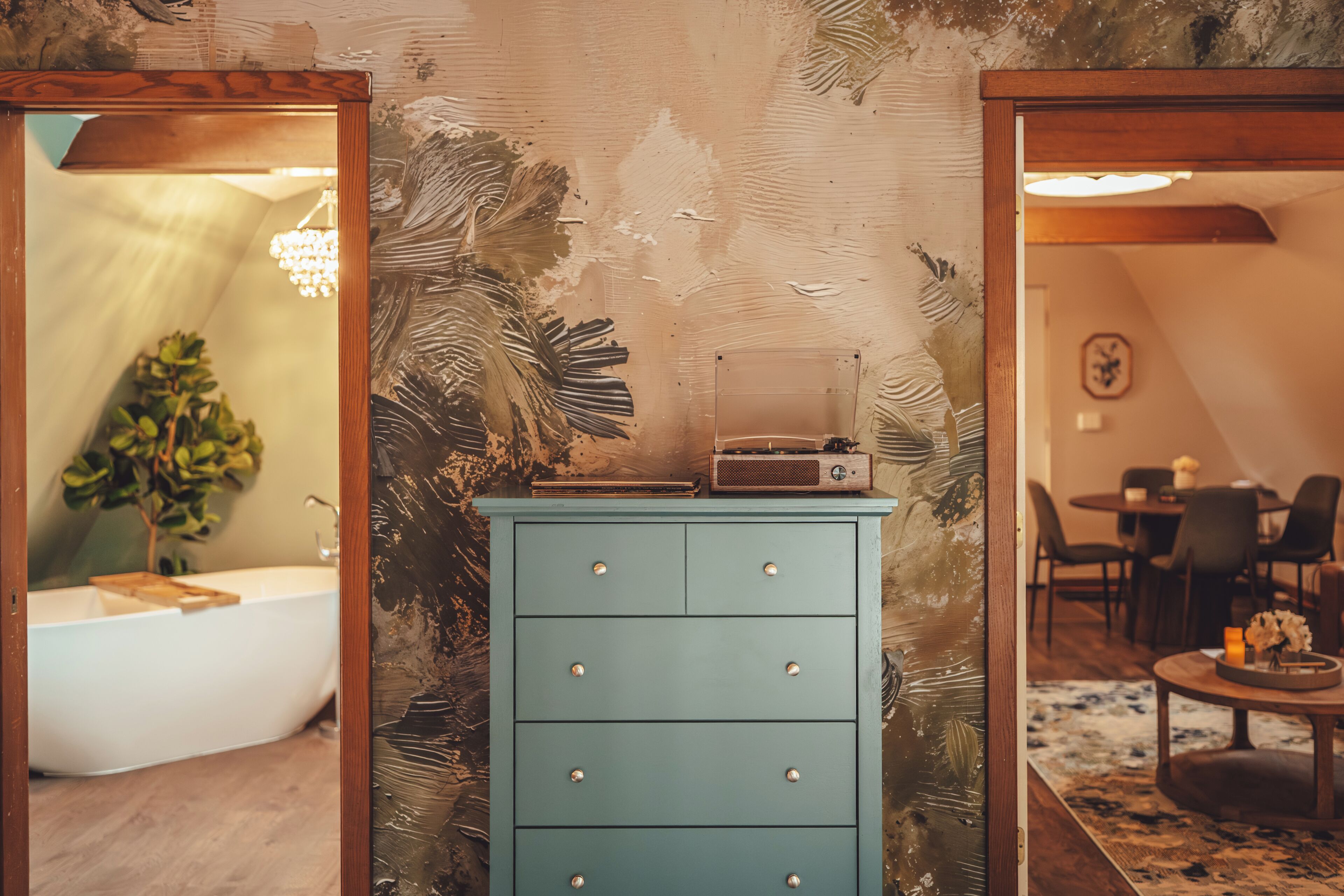 A room with a teal dresser, a bathtub, and a dining area with chairs and a table.
