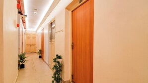 A hallway with a wooden door, a potted plant, and a light fixture on the ceiling. - Collection O Lake Mall Kalighat (Kolkata)