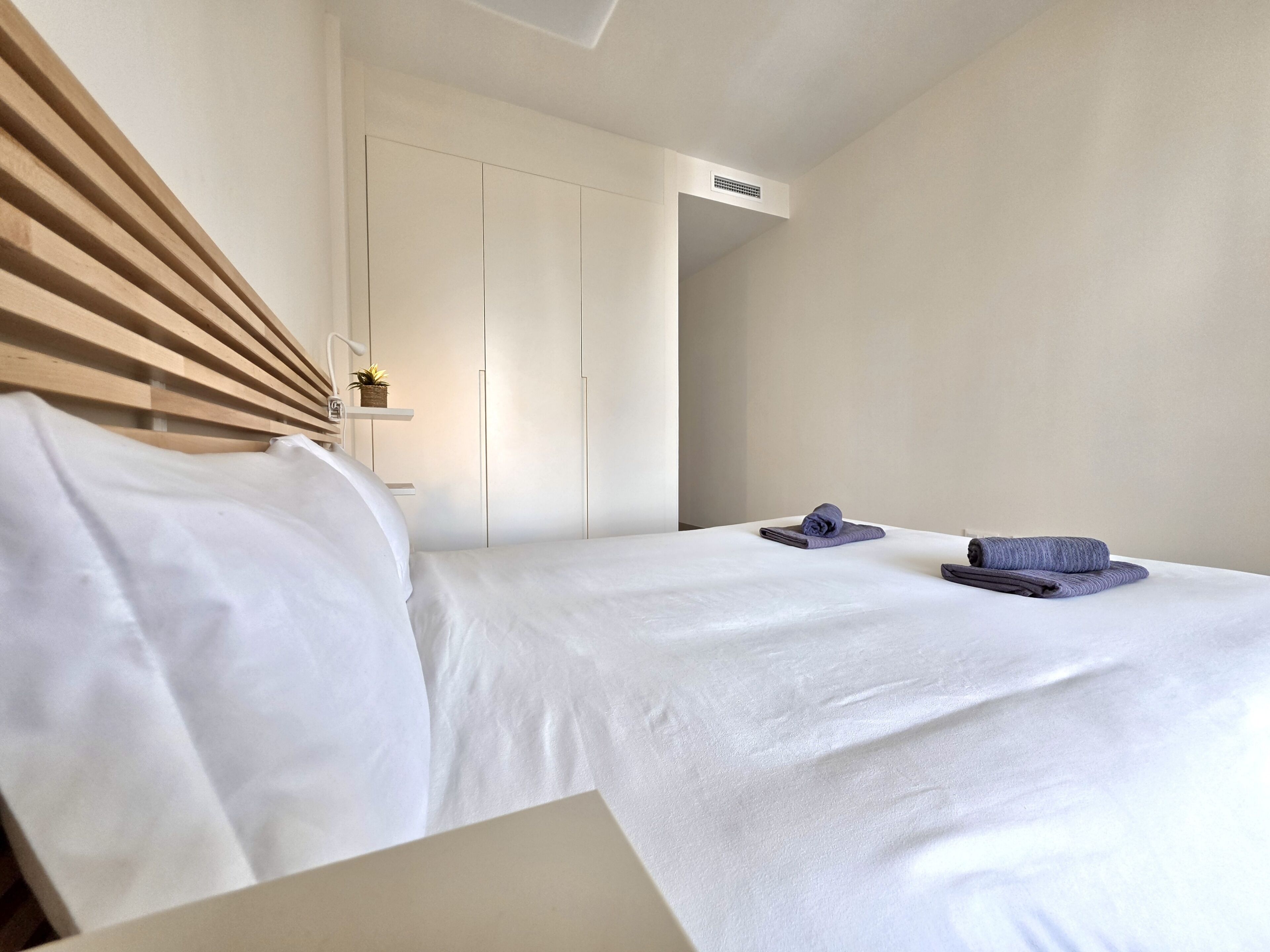 A hotel room with a bed, a wardrobe, and a small shelf with a plant.