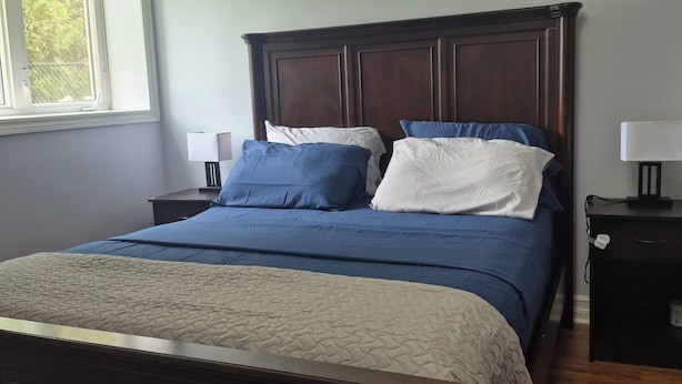 A bedroom with a large bed, a nightstand, a lamp, and a window with a view of trees.