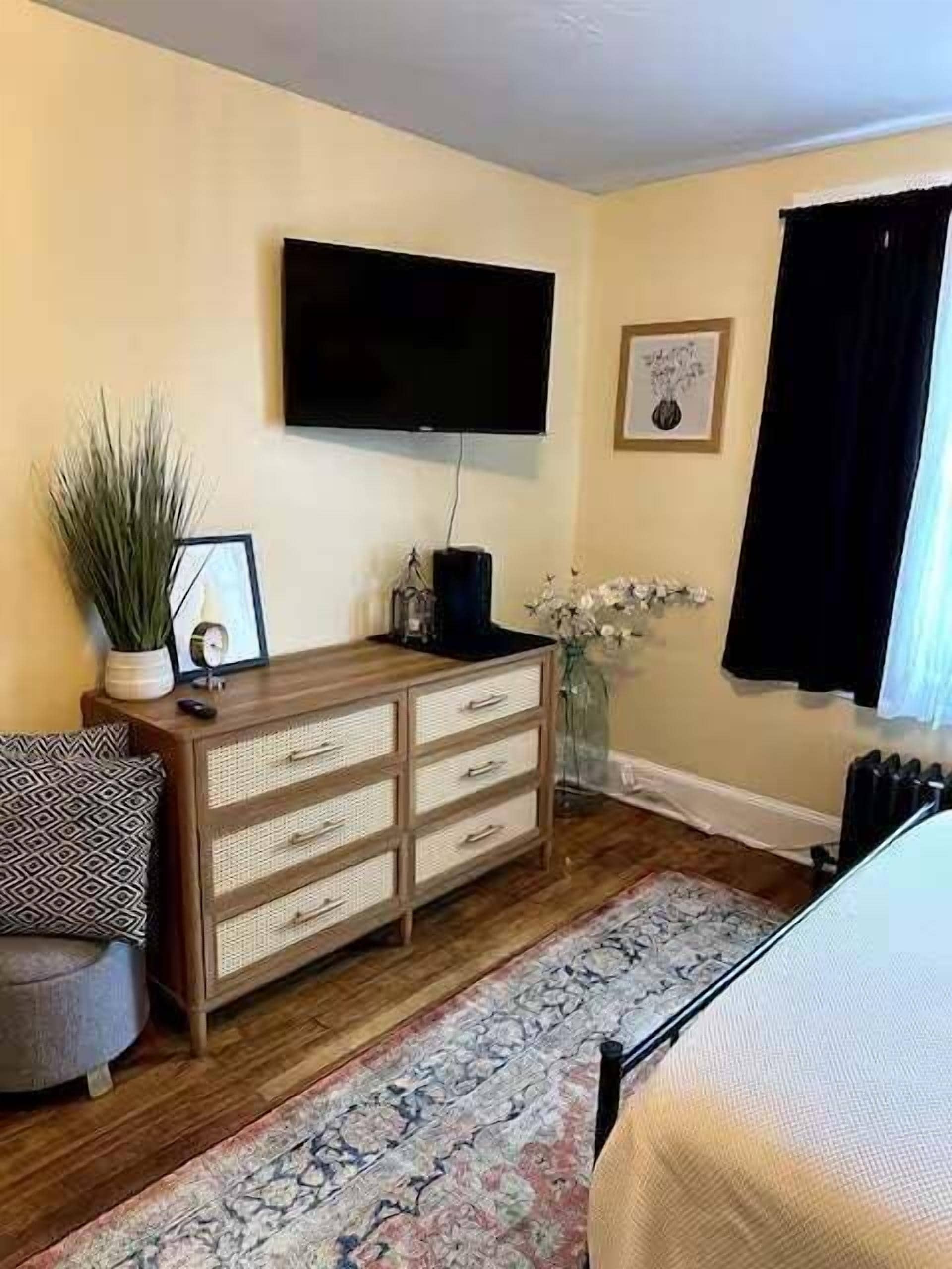 A room with a flat-screen TV mounted on the wall, a wooden dresser with drawers, a patterned rug, and a potted plant.