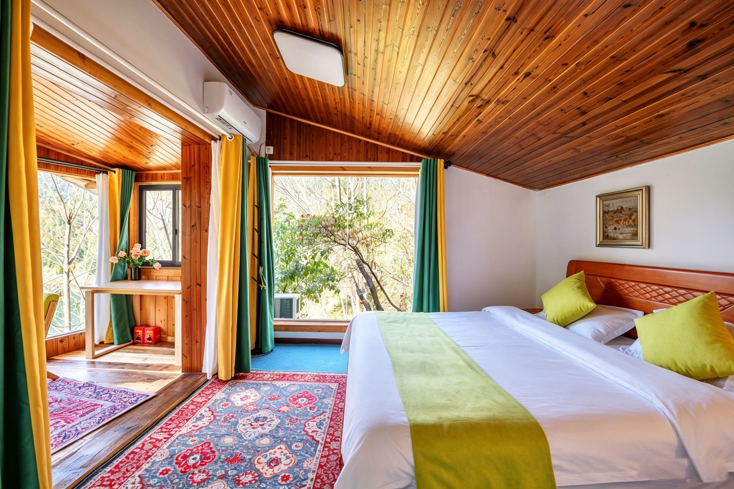 A bedroom with a large bed, a window with curtains, a wooden ceiling, and a view of trees outside.