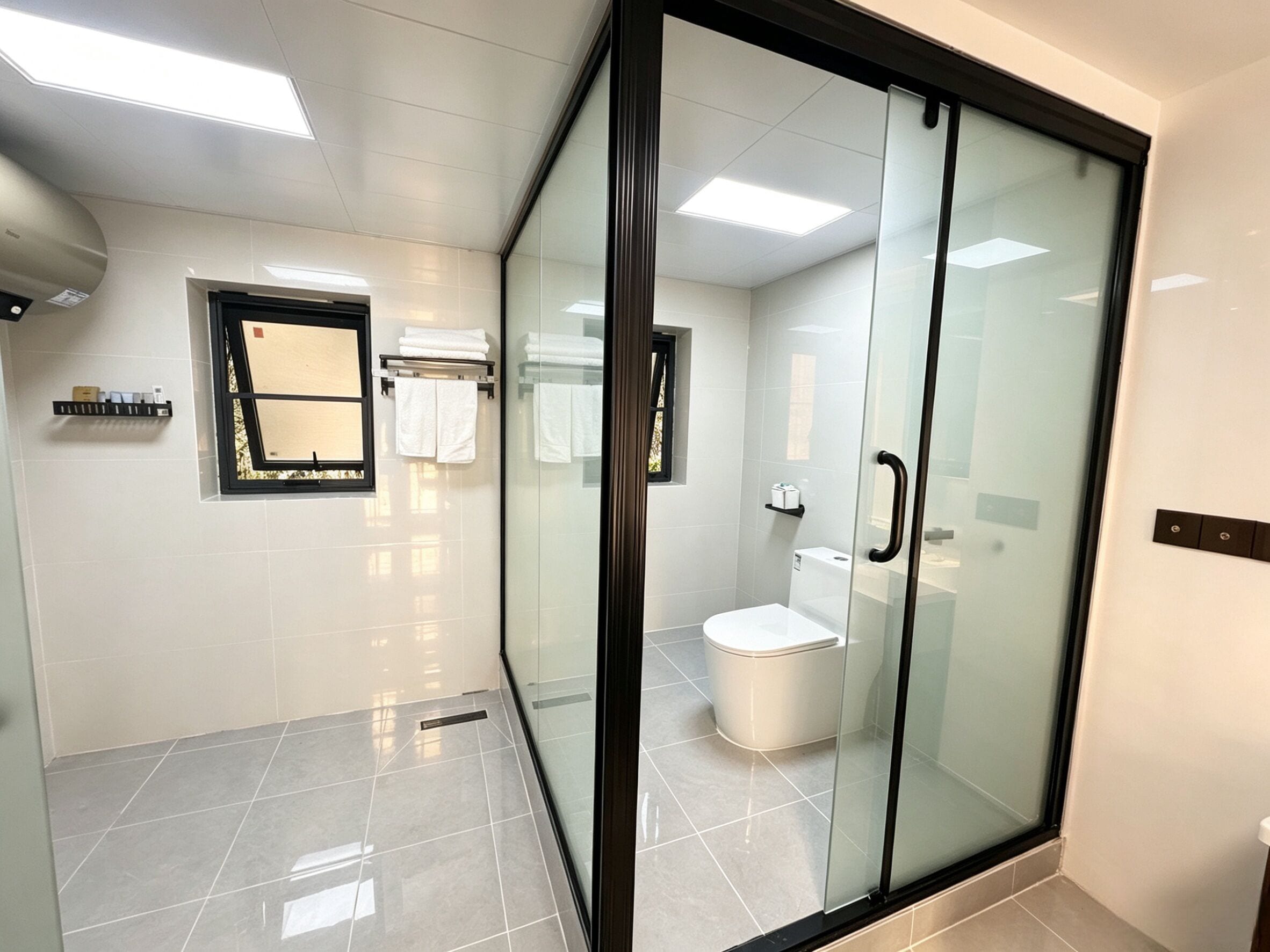A modern bathroom with a glass shower enclosure, a toilet, and a sink.