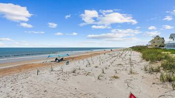 A beach with a clear sky, a turtle sculpture, and a 'NO TRESPASSING' sign.