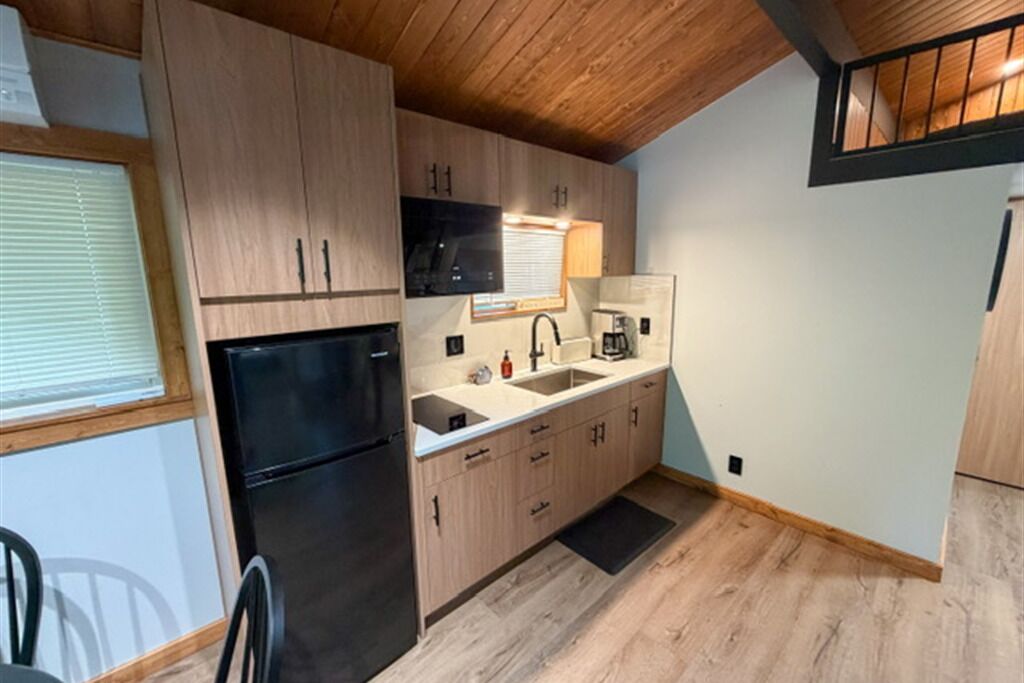 A compact kitchen with wooden cabinets, a black refrigerator, a microwave, and a sink.