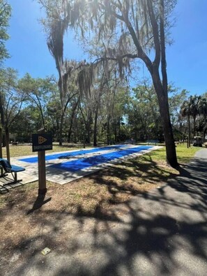 A pool area with a shuffleboard table, surrounded by trees and shaded by large branches. - New Crystal River Resort Cabin w/Pool & Boat Prkng (Crystal River)