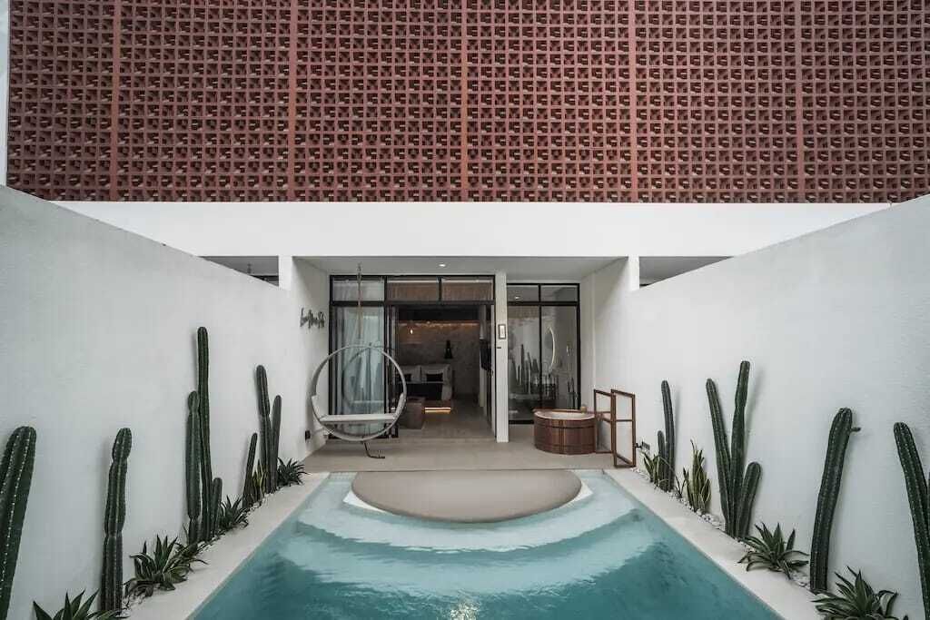 Un interior modern amb piscina, cactus i una cadira penjant.