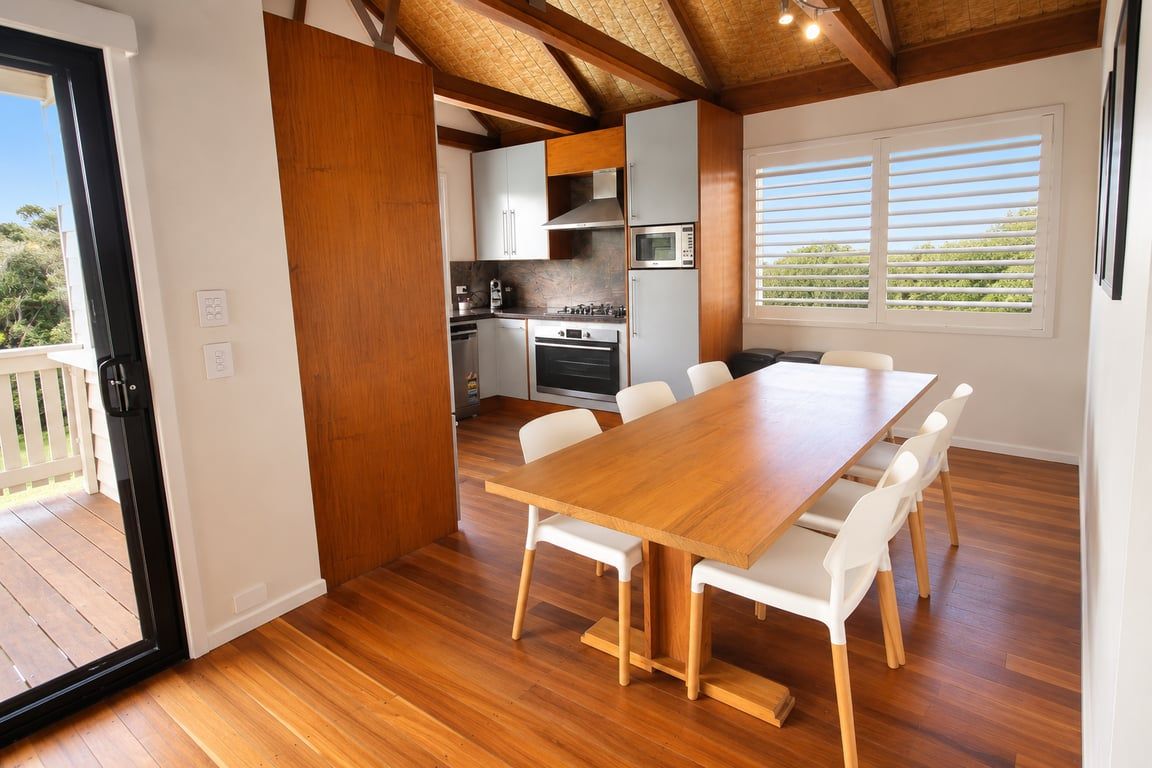 A modern kitchen with white cabinets, a wooden dining table, and white chairs.