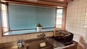 Una cocina con un lavaplatos de acero inoxidable, una ventana con persianas, una planta en maceta y un escurreplatos.