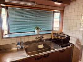 Una cocina con un lavaplatos de acero inoxidable, una ventana con persianas, una planta en maceta y un escurreplatos.