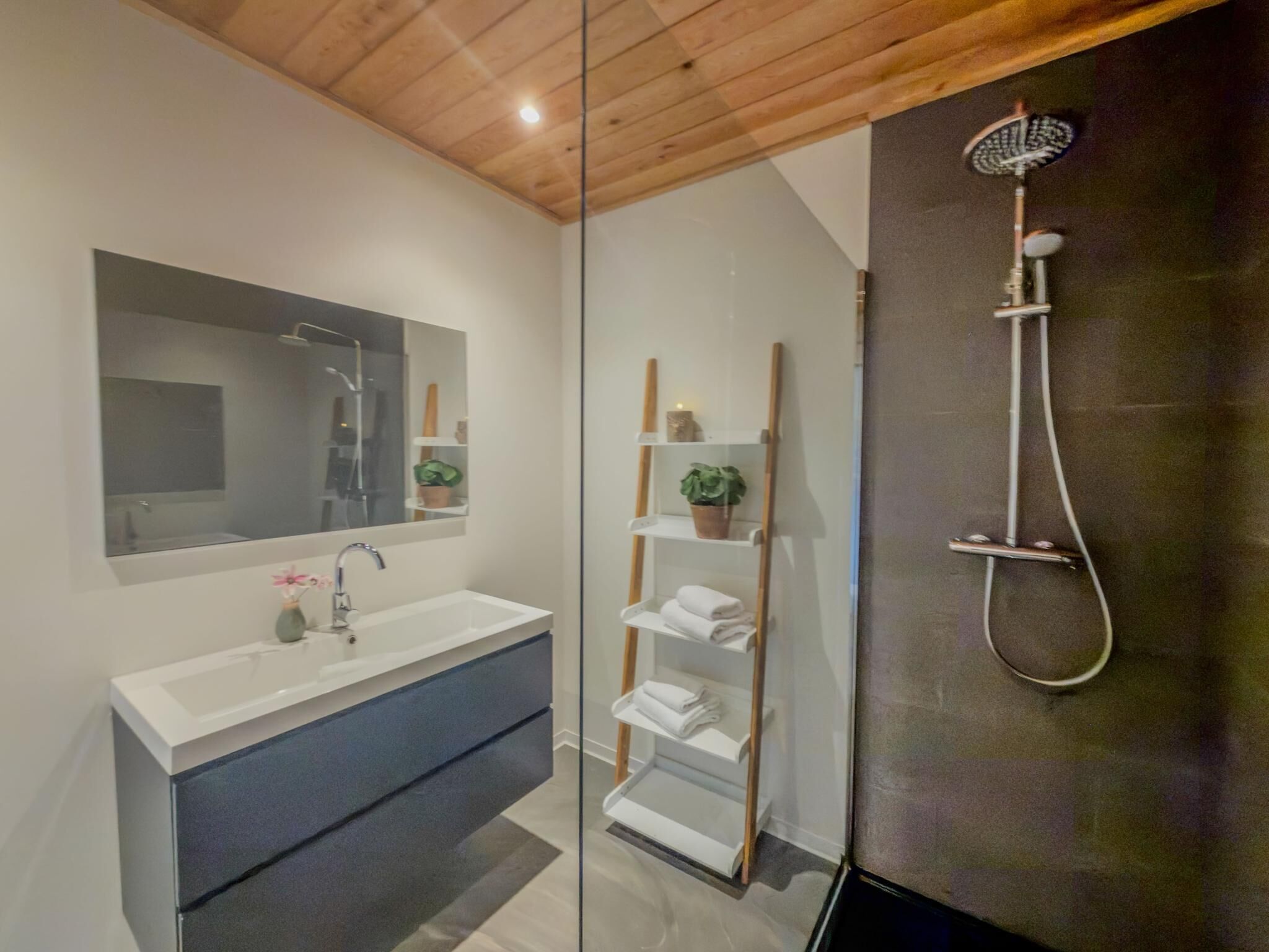 Ein modernes Badezimmer mit einer Glasdusche, einem weißen Waschbecken und einem Spiegel darüber.