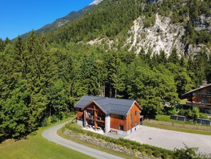 A wooden cabin with a metal roof, surrounded by dense forest and mountains. - Cozy holiday apartment by a lake in Carinthia (Hermagor-Pressegger See)