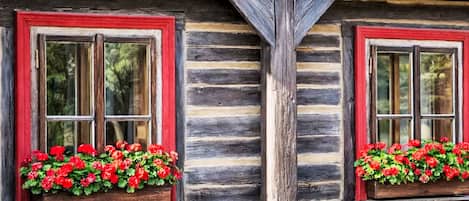 A log cabin with two windows, each with a red frame and a flower box containing red flowers.