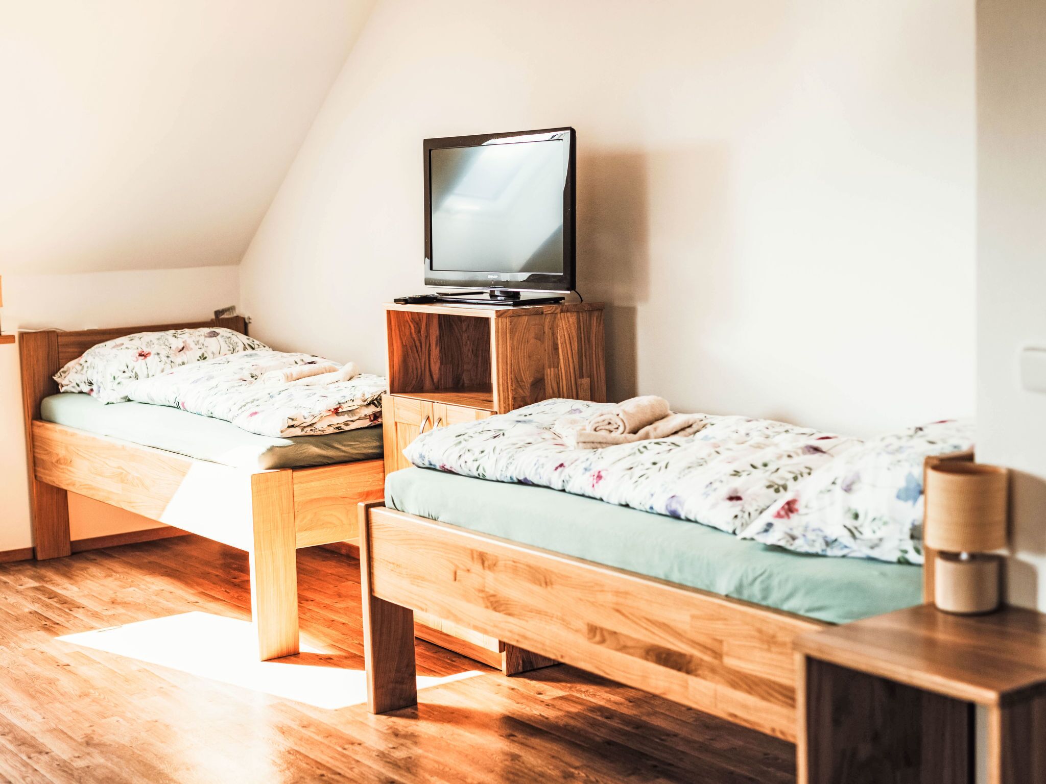 Une chambre avec deux lits superposés en bois, un téléviseur posé sur un meuble en bois et une table de chevet avec une lampe.