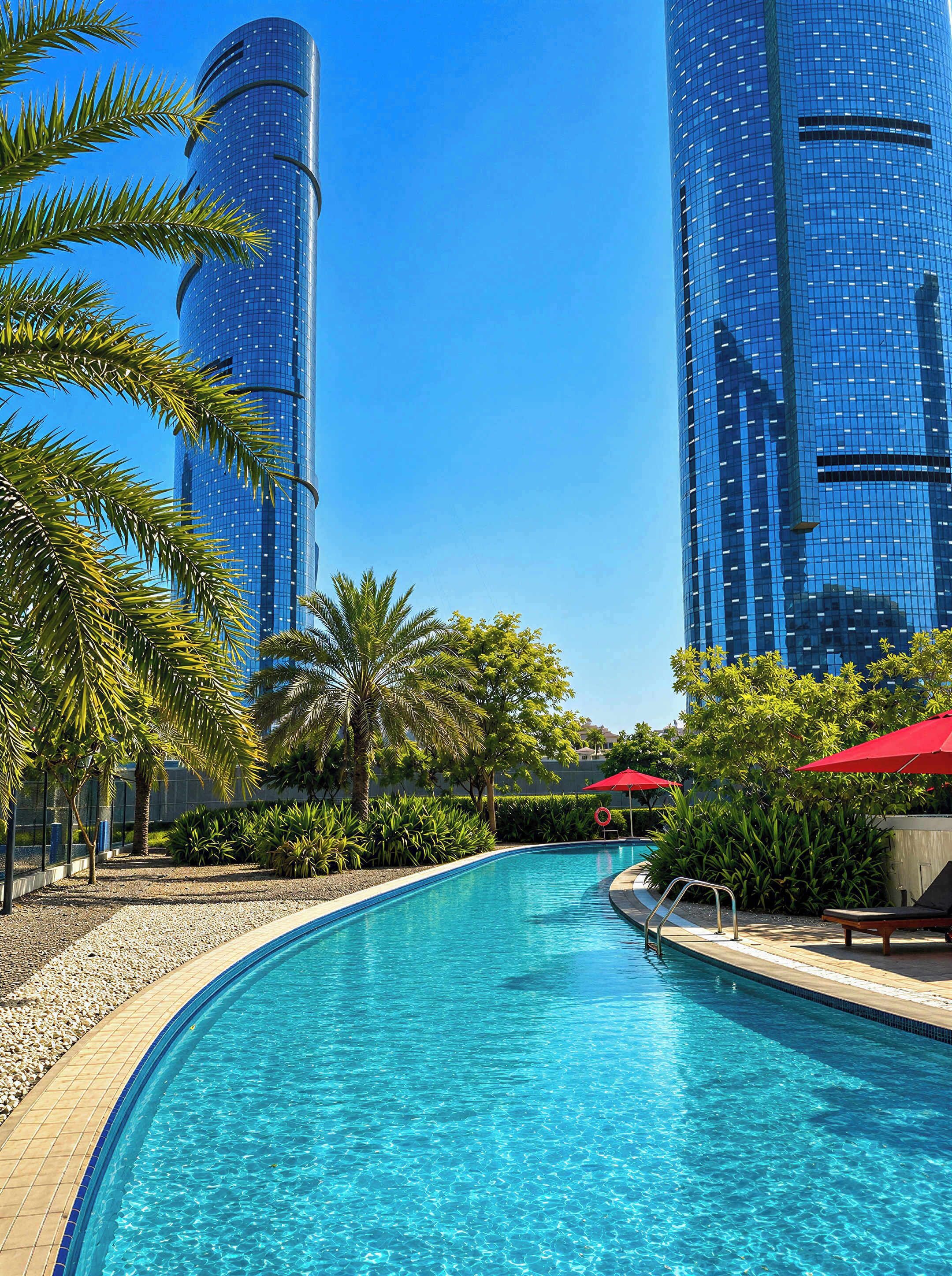 Una piscina con agua azul cristalina, rodeada de palmeras y sombrillas rojas, con edificios altos al fondo.