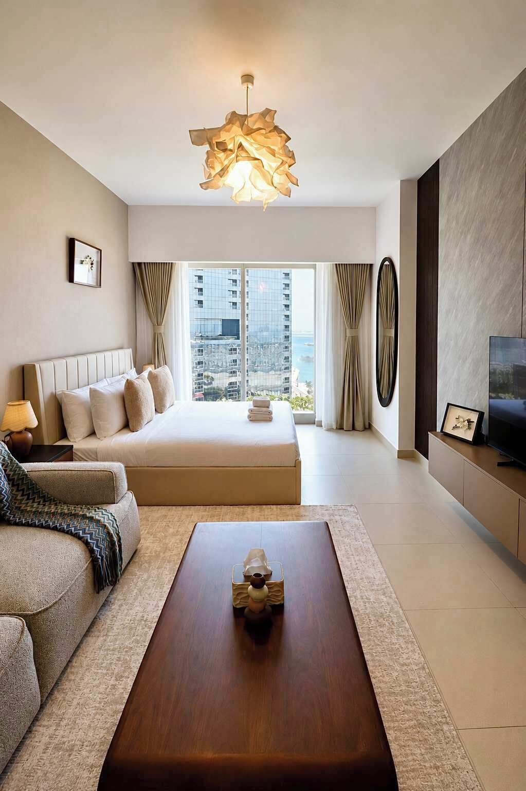 Une chambre d’hôtel moderne équipée d’un grand lit, d’un canapé, d’une table basse et d’un téléviseur.