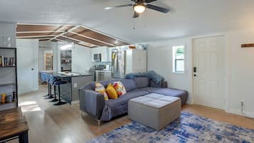 TV, fireplace, books