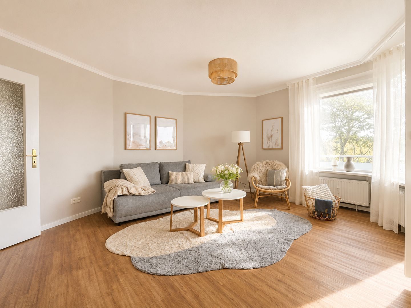 Ein Wohnzimmer mit grauem Sofa, einem runden Couchtisch, einem Korbstuhl und einem großen Fenster mit Vorhängen.