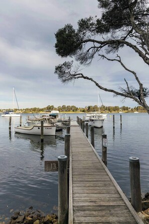 A wooden dock leading to a calm lake with several boats docked. - Gulls Way, one of the best views in Paynesville (Paynesville)